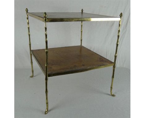 A mid 20th century French two-tiered occasional table, of square form, with brass faux bamboo legs, topped with a finial, the