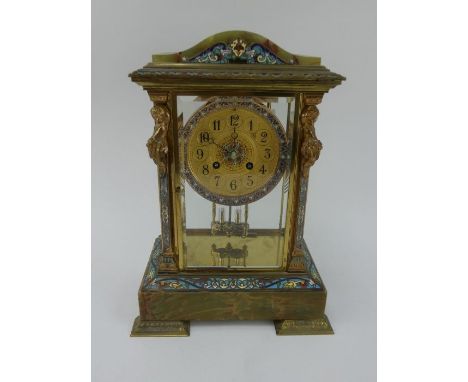 A French green onyx and champleve enamel mercury pendulum striking mantel clock. Ornate gilt dial with arabic numerals within