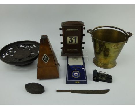 Mixed collectables to include an oak desk calendar, metronome, brass ice bucket, Ensign Midget camera, tole ware snuff box, c