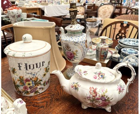 An urn shaped 2 handled hand painted table lamp; a Hammersley teapot and decorative china.