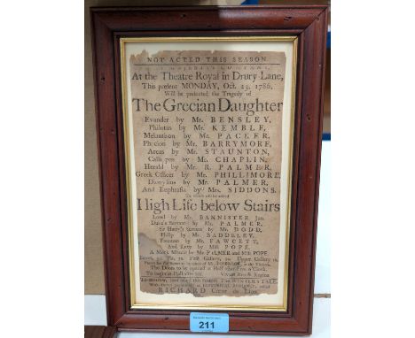 A 1786 framed Theatre Royal Drury Lane poster for The Grecian Daughter and High Life below Stairs