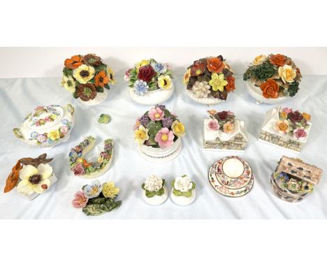 A Royal Doulton encrusted flower bowl, 2 similar Royal Adderley; 2 Royal Albert Old Country Roses cottages, other similar ite