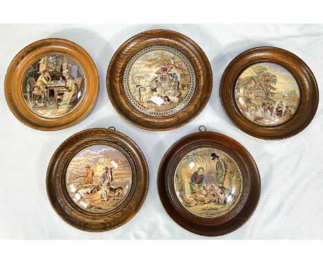 5 vintage Prattware pot lids, figures inc. 'A Pair', 'The Game Bag' etc. wood frames.