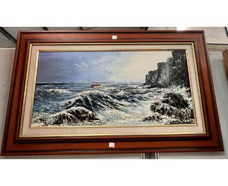 Dallas K Taylor 1941 - 2011, British artist, atmospheric oil of fishing boat in stormy seas off a coast; a Royal vintage type