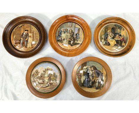 5 vintage Prattware pot lids, figures inc. 'Uncle Toby', 'The Best Card' etc. wood frames.