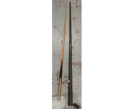 A JOE DAVIS 146 Snooker Break Champion Cue by E. J. RILEY Ltd Accrington, 146cm length, in a Burroughs and Watts painted meta