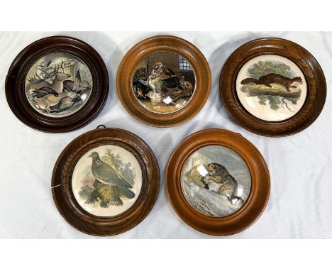 5 Prattware pot lids, animal subjects, wood framed.