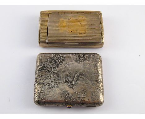 A Finnish silver cigarette case with samorodok finish and amethyst cabochon thumbpiece, 813 assay, 1920. , together with a Ru