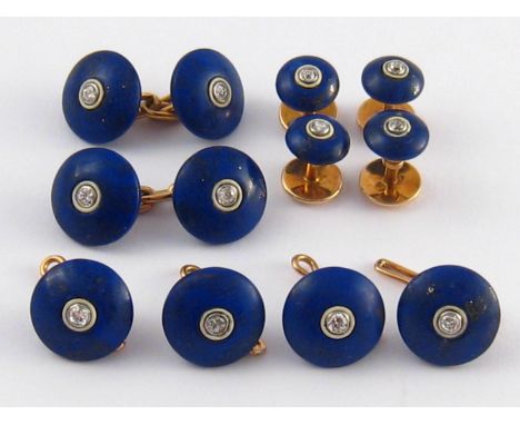 Cartier . A fine 18 carat gold, lapis lazuli, white enamel and diamond dress set by Cartier, comprising a pair of cufflinks, 