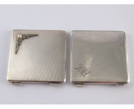 Two square silver powder compacts, one machine turned with a marcasite and pearl corner applique, Adey Brothers, Birmingham, 