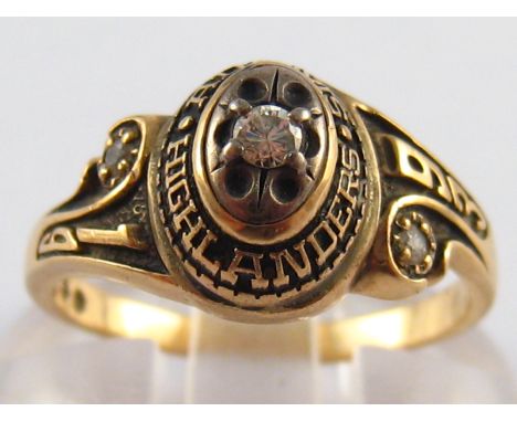 An American college ring, “Adams Highlanders 1993”, marked 10k, size K, 3.4 gms.