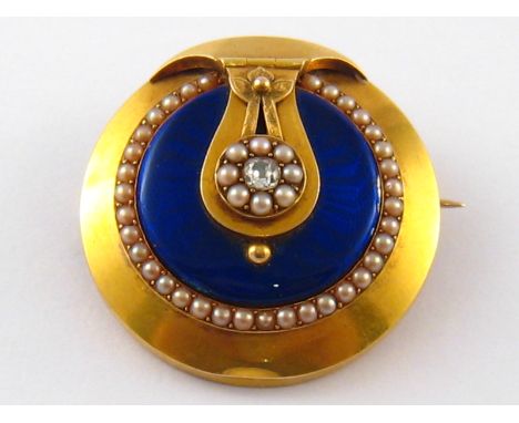 An antique 15 carat gold, enamel, seed pearl and diamond locket brooch, approx 4cm diameter, 25.3 gms.