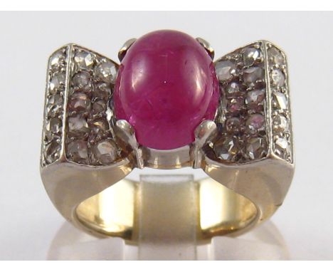 A French hallmarked platinum, rose cut diamond and cabochon ruby Art Deco style ring, ruby approx 11 x 8.5mm, ring size K, 12