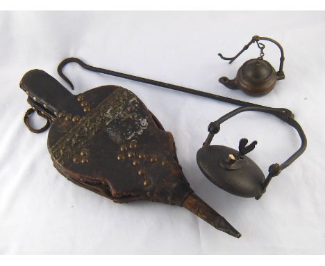 A pair of 19th. century fully leather cased bellows with brass nozzle, an iron hanging lamp and a miniature hanging lamp.