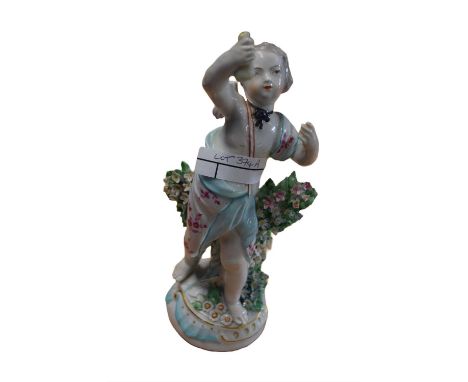 A patch mark 18th century Derby figure of Cupid as a moneylender holding a bag aloft22cm highGood condition