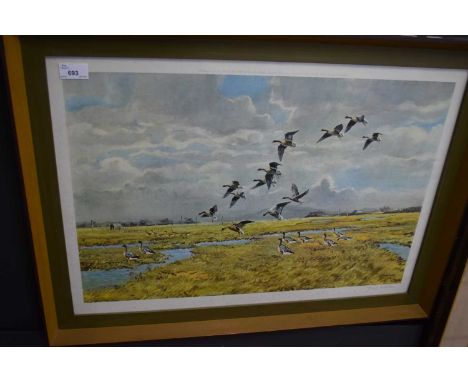 Hugh Monahan, Marshland Scene with Geese, coloured print, framed and glazed