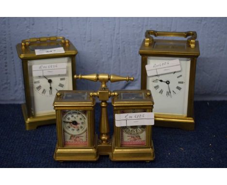 A group of two carriage clocks, late 19th or early 20th Century together with a  further example of a clock and barometer in 