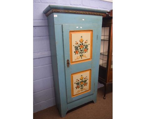 Swiss light blue and floral painted pine storage cabinet with single panelled door and shelved interior, 85cm wide, 167cm hig