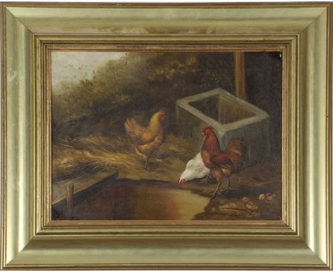 British School, 20th Century, A brood of chickens next to a trough and small pool, oil on canvas, signed 'Taylor', 11x15ins.Q