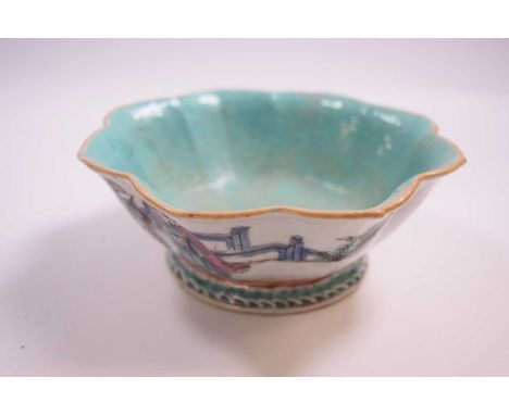 Shaped Chinese porcelain bowl, late 19th Century with polychrome decoration of various figures and horses with green glazed i