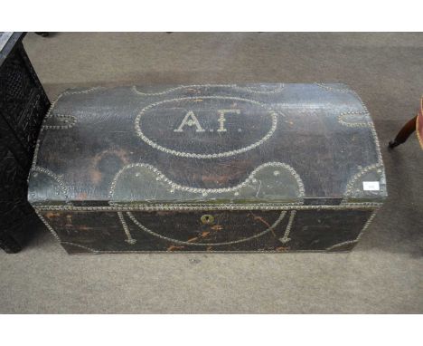 19th Century leather upholstered and brass studded dome top trunk, initialled 'AF' to the lid, 91cm wide