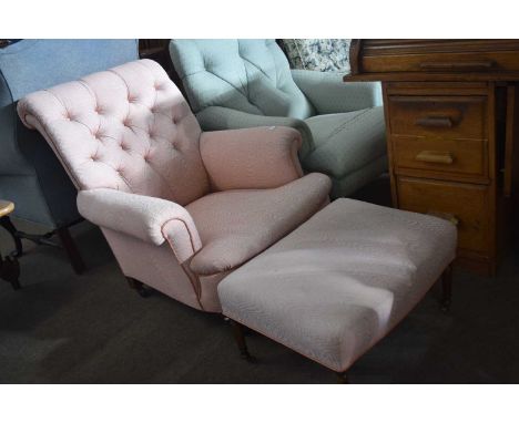 20th Century pink button upholstered armchair together with a similarly upholstered footstool (2)