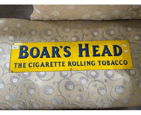 Vintage boars head tobacco enamel sign with blue lettering on a yellow background, 71 x 18 cm