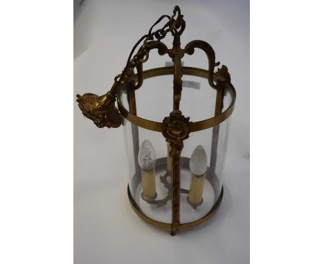20th Century circular brass mounted three light lantern, 42cm high excluding suspension chain