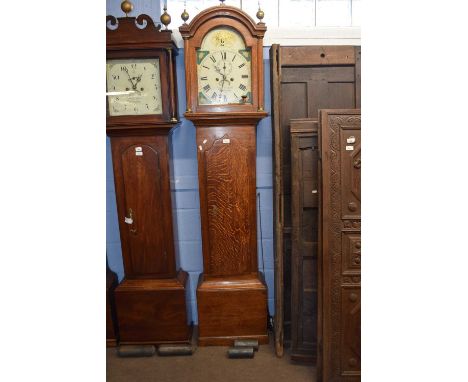 Charles Knight, Dunmow, an oak long case clock with painted arched dial, eight day movement, an arched trunk door and a box b