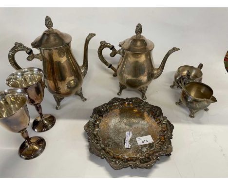 Group of plated wares including coffee pot, teapot, sugar and milk jug, small tray etc