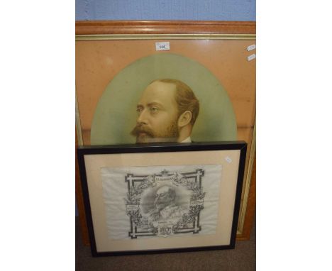 Mixed lot comprising a lithographic print of Prince Albert set in a maple frame together with a framed In Memorim fabric pict