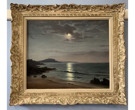 Roger de la Corbiere (French, 20th century), moonlit seascape, oil on canvas, signed lower left, framed,17.5x20.5ins, 24x27in