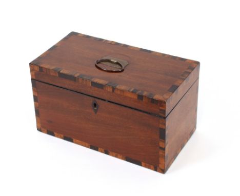 A 19th Century mahogany and rosewood cross-banded two compartment tea caddy, fitted with a central glass mixing bowl, 27cm