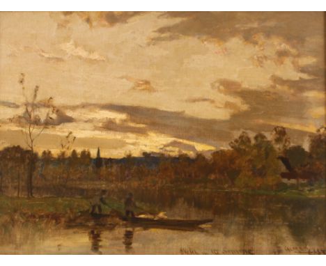 Sir Alfred East, R.A., 1844-1913, "Sketch on the Somme", depicting figures punting on a river at sunset, signed oil on canvas
