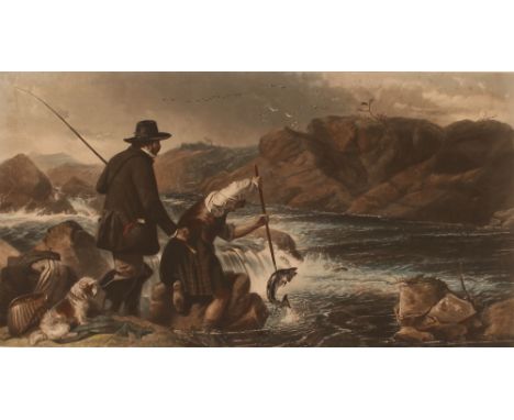 After Ansdell, coloured engraving, "Gaffing a salmon", image 35.5cm x 66cm, contained in a maple frame; and a 19th Century Fr