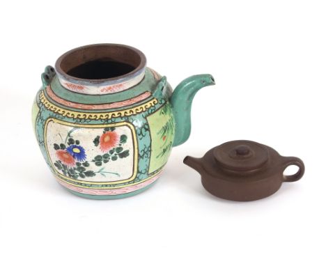 An Antique Chinese Yixing teapot, and another with polychrome enamel decoration, (2)