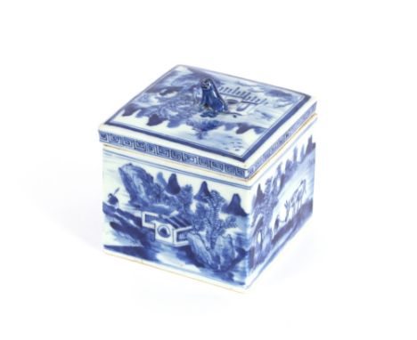 An 18th Century Chinese porcelain blue and white square box and cover, decorated with figures and horse in a landscape, surmo