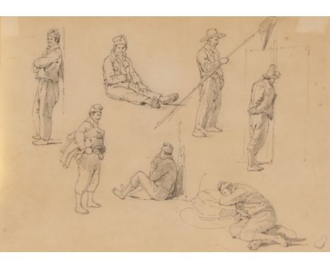 Samuel Prout, 1783-1852, figure studies depicting fishermen in various poses, pencil sketch, 21cm x 28.5cm