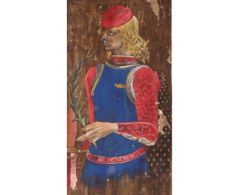 A 20th Century Scandinavian painting on wooden panel, depicting a young Prince holding a branch, 71cm x 34cm