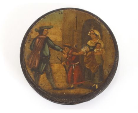 A 19th Century circular papier mache snuff box, the lid painted with figures in conversation before a doorway, 9cm dia.
