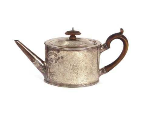 A George III silver teapot, of oval form, having wooden handle and lift, foliate scroll decoration, London 1784