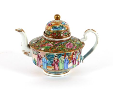 A 19th Century Chinese Canton teapot, having domed lid surmounted by a gilt finial, 21cm high, AF