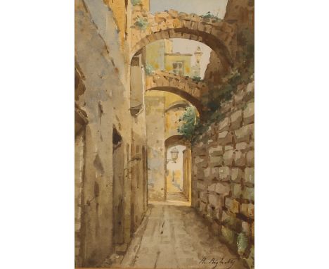 R. Righetty, study of a continental street scene, signed watercolour, 25cm x 17cm