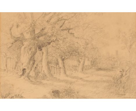 Attributed to Robert Burrows, pencil sketch of woodland with buildings in the far ground, bears signature, inscribed Bolton's