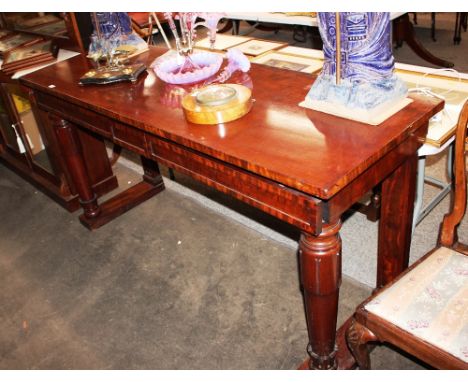 A large 19th Century mahogany serving table, stamped W &amp; C Wilkinson, 14 Ludgate Hill, numbered 5394, fitted two drawers,