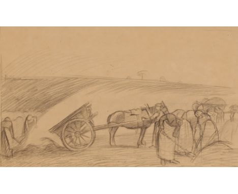 Sir William Rothenstein, 1872-1945, "Digging Potatoes", pencil sketch 30cm x 48cm, circa 1915 ex. collection of the artists f
