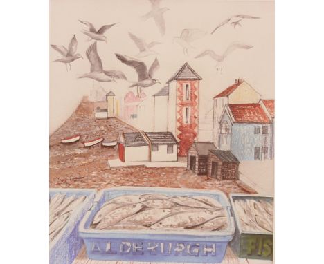 Ros Donaldson, "Fresh Fish Daily",&nbsp;study of Aldeburgh, pencil signed lithograph, 24cm x 20cm