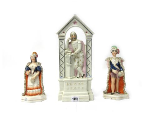 A Staffordshire pottery flatback figure of Shakespeare, circa 1850, modelled resting against a pedestal within an archway, gi