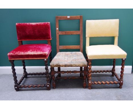 Two similar early 18th century walnut framed square back side chairs, on barleytwist supports, each 53cm wide, 92cm and 94cm 