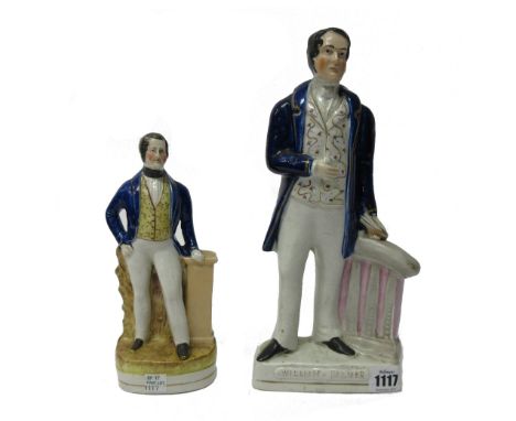 A Staffordshire portrait figure of William Palmer, 19th century, modelled with blue jacket on a gilt titled base, 30cm high, 